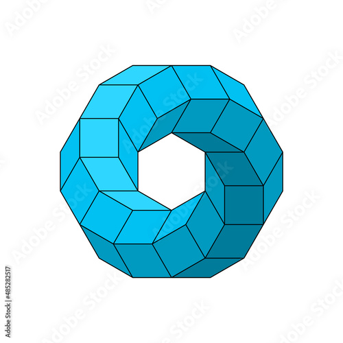 Impossible toroidal polyhedron. Blue impossible infinite shape. Sacred geometry figure. Optical illusion. Twisted hexagonal object. Challenging spiral rhomboid. Vector illustration, flat, clip art photo