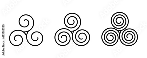 Celtic triskelion set. Triskeles ancient geometric motif. Movement, motion energy symbol. Action, cycles, progress meaning. Triple spiral symmetry decoration ornament. Vector illustration, clip art. 