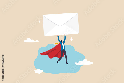 Email communication, marketing campaign from subscription, sending message or information concept, businessman superhero carrying big email envelope flying to recipient address.