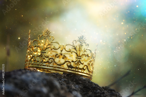 mysterious and magical photo of gold king crown in the woods over stone. Medieval period concept.