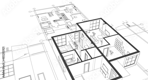 modern house architectural project sketch 3d illustration