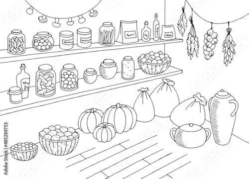 Pantry interior storage black white graphic sketch illustration vector