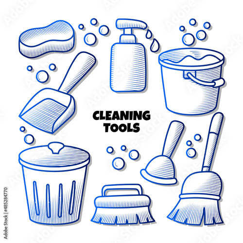Cleaning tools equipment element with hand drawn gradient outline style