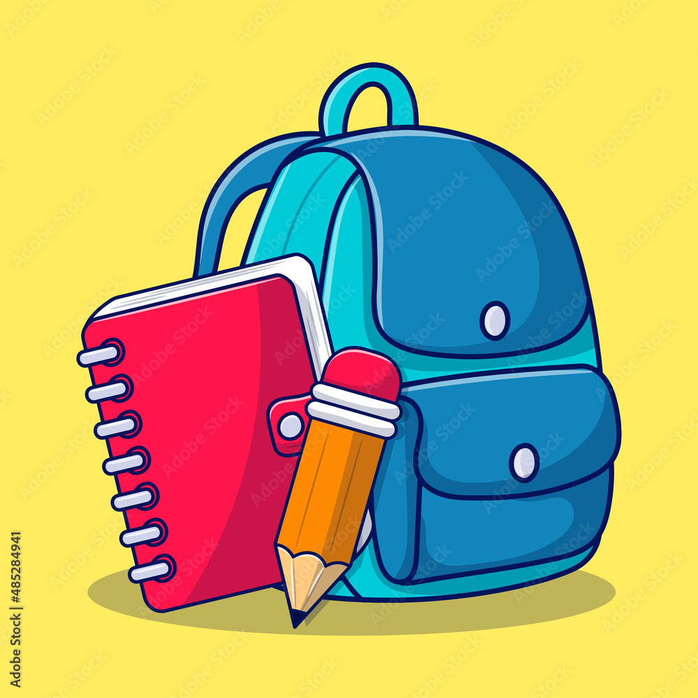 School bag with pencil and book clipart, educational hand drawn illustration School bag with pencil and book clipart, educational hand drawn illustration