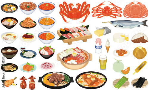 北海道の人気グルメ・名産のイラスト①（ジンギスカン、お寿司、ラーメン、かに、いくら、うに）
