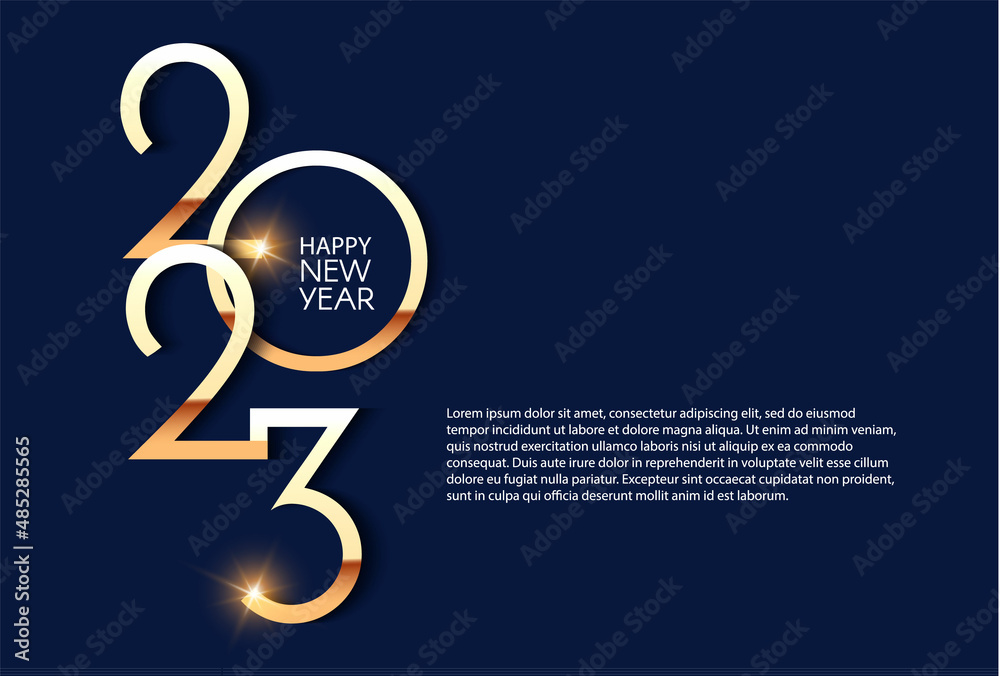 Happy new 2023 year Elegant gold text with light. Minimal text template - obrazy, fototapety, plakaty 