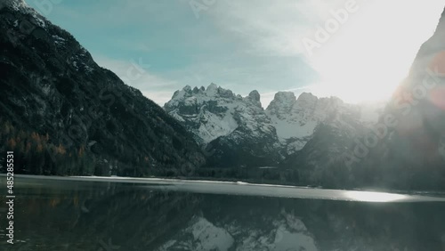 ago di Landro lake in the Dolomites in South Tyrol Italy Autumn peaceful alpine lake Durrensee or Lago di Landro Mountains above the lake Lago di Landro In the fall Dolomites Italy photo