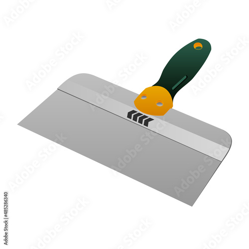 Wide spatula  with a green handle. Realistic putty knife. Isometric hand tool isolated on a white background