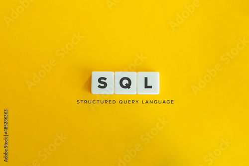 SQL (structured query language) Banner. Letter tiles on bright orange background. Minimal aesthetics.