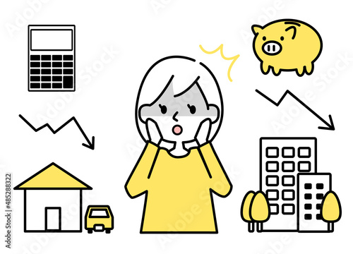 資産価値が下がってショックを受ける女性のイラストセット　ベクター素材　持ち家　車　持ちビル　下落