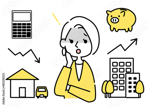 ローン返済に困るキャリアウーマン　ベクターイラスト　シンプルタッチ