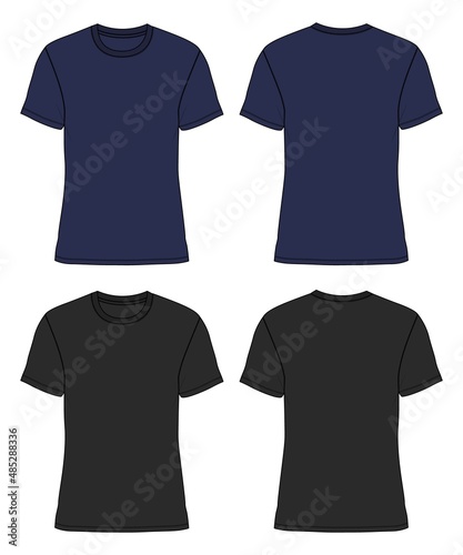 Regular fit Short sleeve T-shirt technical Sketch fashion Flat Template With Round neckline Front, back view. Clothing Art Drawing Vector illustration basic apparel design Black, navy color Mock up. 