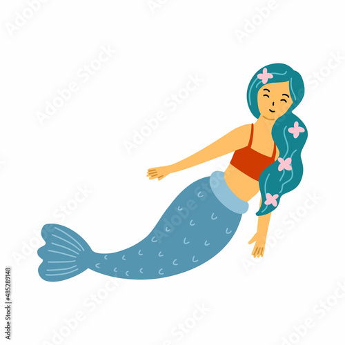 Cute mermaid on white background. Doodle illustration on marine theme. Sticker for girl. Print on clothes.
