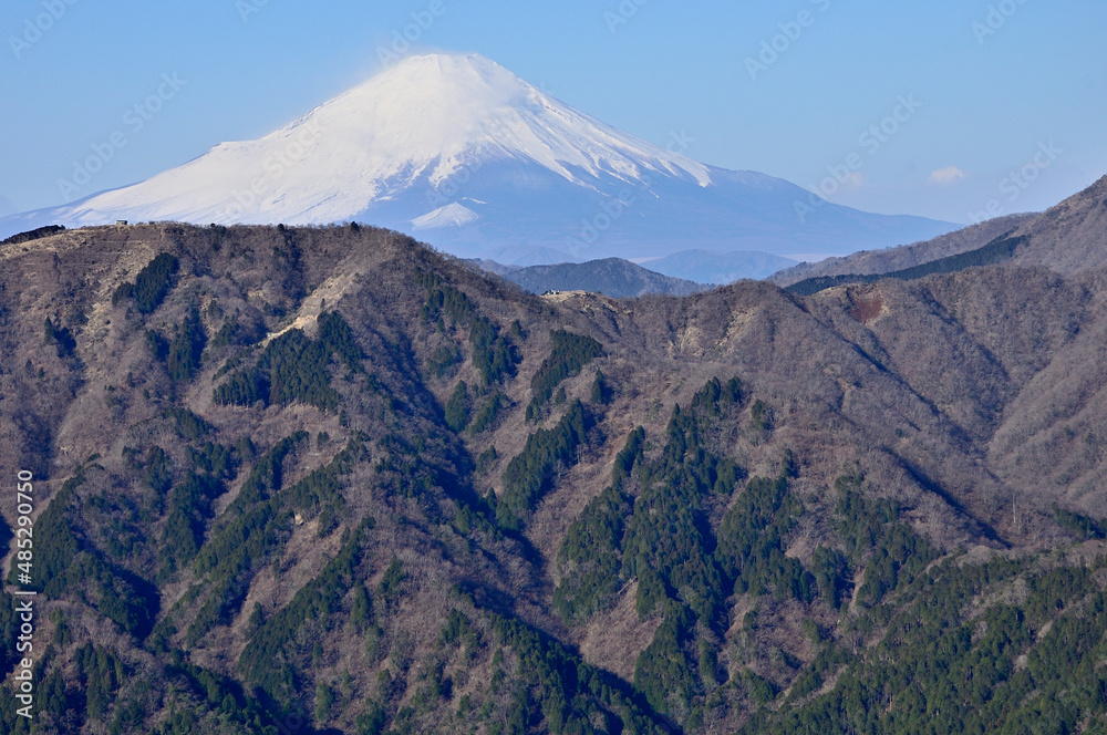 丹沢の大山北尾根より望む富士山と表尾根の山稜
丹沢　大山　大山北尾根より富士山、手前が三ノ塔
