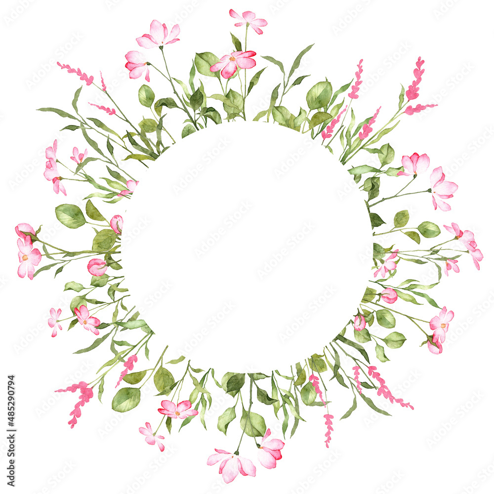Circle floral frame template with copy space in the middle. Floral composition design for invitations and cards. Wreath with watercolor pink hand painted flowers and green leaves