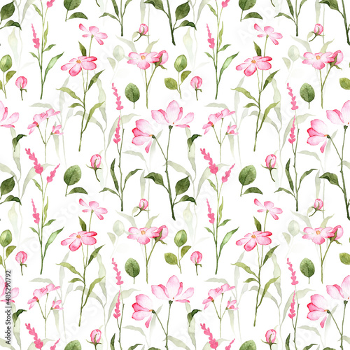 Square seamless pattern with soft pink flowers and green leaves. Wrapping paper and wallpapers template