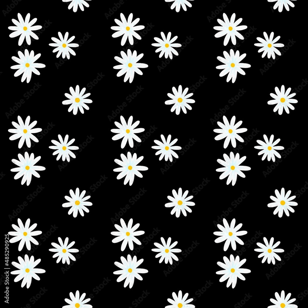 Summer seamless pattern with white chamomile on black background. Stylish ornament for fabrics, wrapping paper and your graphic design. Summer seamless pattern with white chamomile on black background. Stylish ornament for fabrics, wrapping paper and your graphic design.