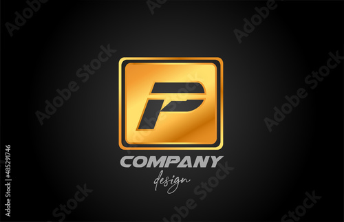 P gold golden metal alphabet letter logo icon with square design. Creative template for business and company