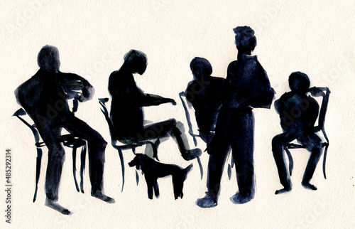 silhouettes of men resting on chairs
