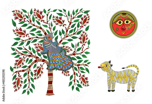 Indian Madhubani Art Style painting of Tree, Tiger, Sun, Peacock photo