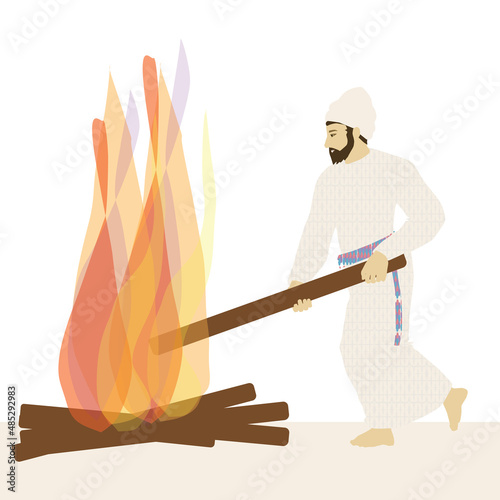 Fototapeta A painting of a simple Jewish priest in traditional clothing adds a plank to the perpetual fire that was lit on the altar of the Holy Temple of Solomon in Jerusalem