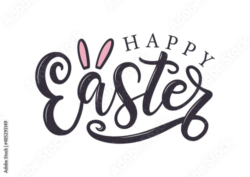 Happy Easter hand-sketched typography logo isolated on white. Cute easter lettering with bunny ears. Happy Easter lettering sign as poster, greeting card, banner, label, badge.