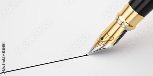 Photos Golden fountain pen leaves drawing a straight ink line on a white paper closeup