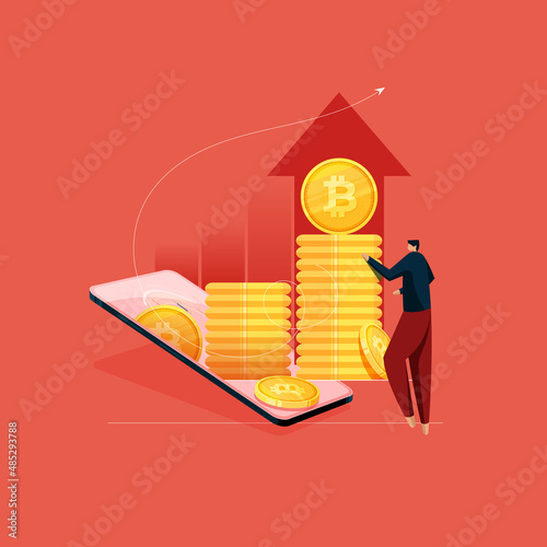 Bitcoin Crypto currency with pile of Coins come out from Smart Phone, Digital Currency Investment concept