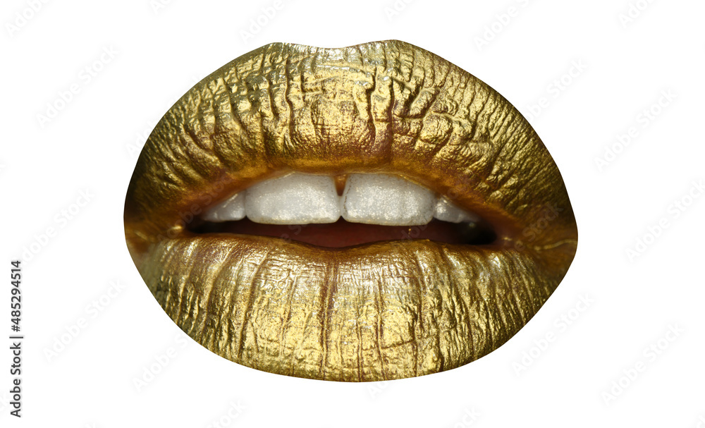 Gold lips, golden gloss lipstick. Sexy girl golden lips, gold mouth. Glowing gold skin make-up. Glitter metallic shine golden lipgloss makeup. Gold lips, golden gloss lipstick. Sexy girl golden lips, gold mouth. Glowing gold skin make-up. Glitter metallic shine golden lipgloss makeup.