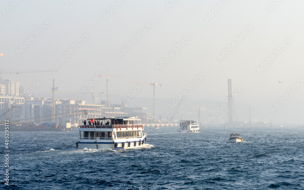 Foggy morning view of Bosphorus in Istanbul city.