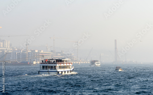 Foggy morning view of Bosphorus in Istanbul city.