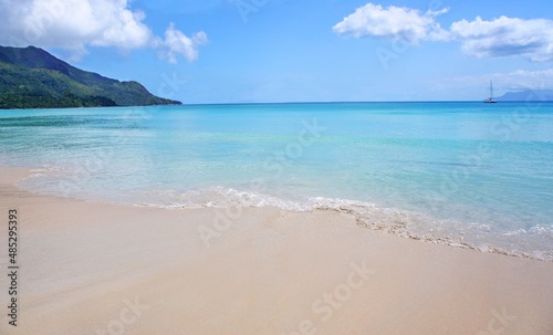 Beautiful beach on tropical island. White sand beach with trees on shore Indian ocean. Paradise secluded beach at summer season.