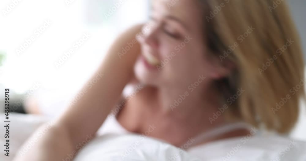 Young woman waking up in bed and screaming at alarm clock 4k movie Young woman waking up in bed and screaming at alarm clock 4k movie