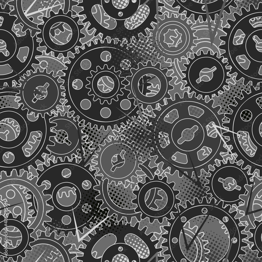 Seamless pattern with gears, dotted halftone texture. Gray camouflage colors for apparel, fabric, textile, sport goods.