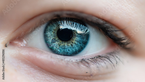 Beautiful blue eye of a girl close-up.