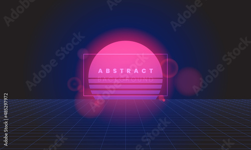 Retro digital 80s style futuristic abstract background. Sci-fi neon light glowing perspective grid landscape with blue, pink, purple gradient sun and lens flare. EPS10 illustration vector.