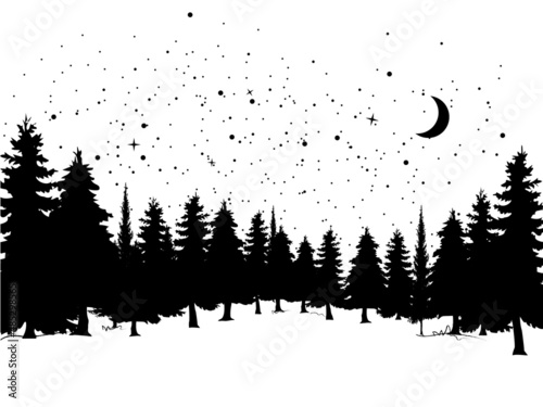 Tree line silhouette star sky moon black illustartion