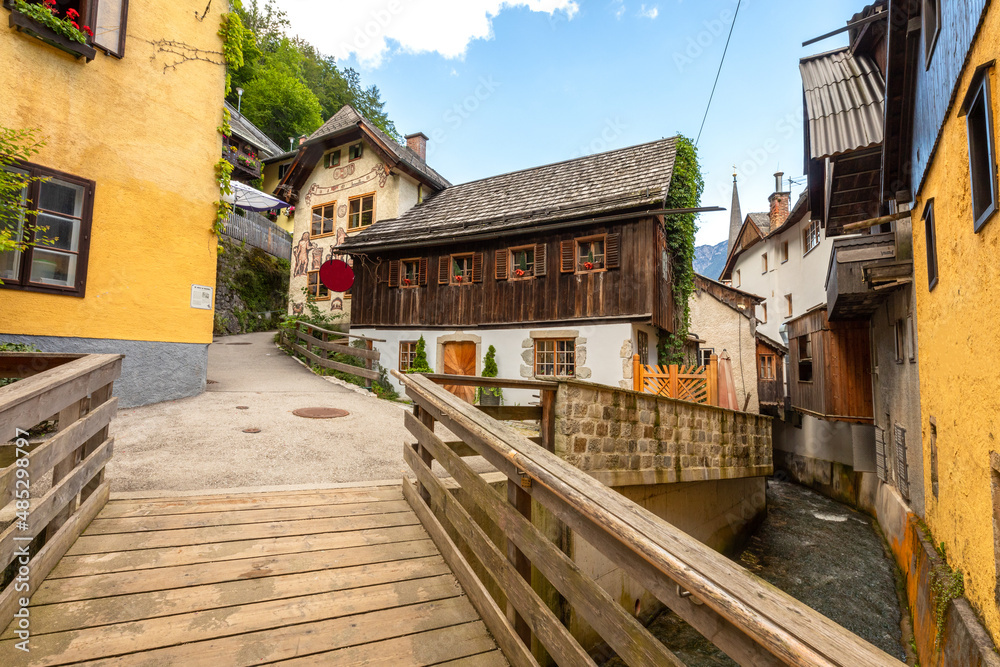 Traditional houses in the tourist town of Hallstatt, Austria.