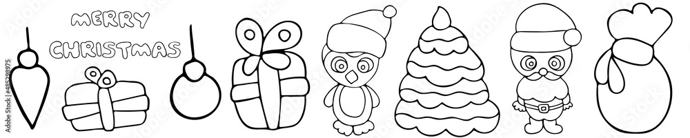 Merry Christmas. Set of hand drawn illustrations in black and white doodle style. Merry Christmas. Set of hand drawn illustrations in black and white doodle style.