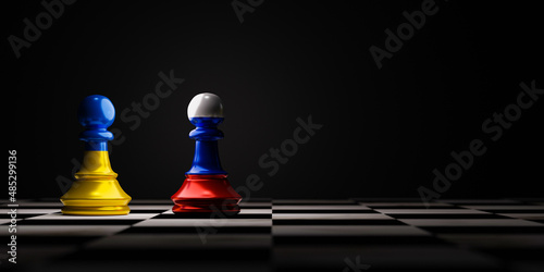 Ukraine flag and Russia flag on chess on chess board forth countries political conflict and war concept by 3d rendering technique.