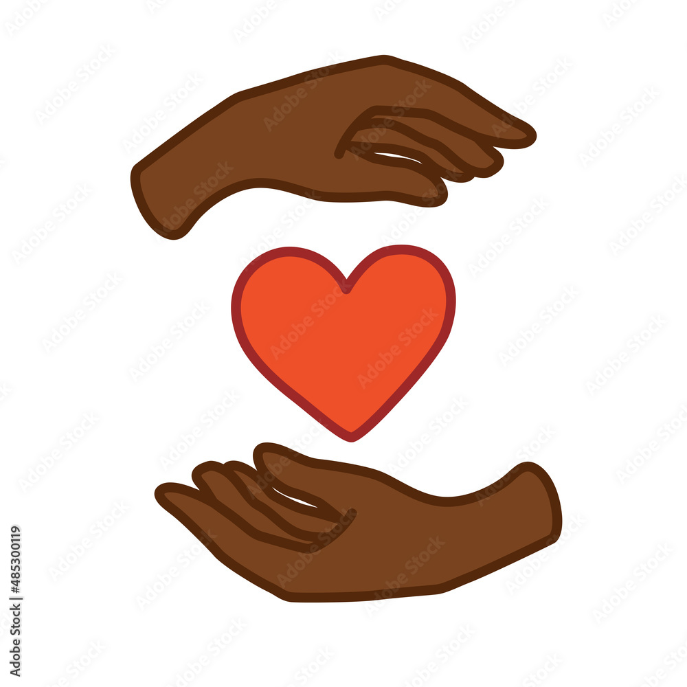 Hand-drawn hands of dark skin color. The heart between the palms. Hands of African American man or woman. Print for valentine's day. Concept vector illustration Hand-drawn hands of dark skin color. The heart between the palms. Hands of African American man or woman. Print for valentine's day. Concept vector illustration