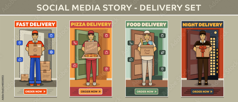 Social media banners delivery set. Courier fast delivery pizza, food, gift order. Collection of modern advertising banner templates. the courier stands on the threshold of the apartment with the order