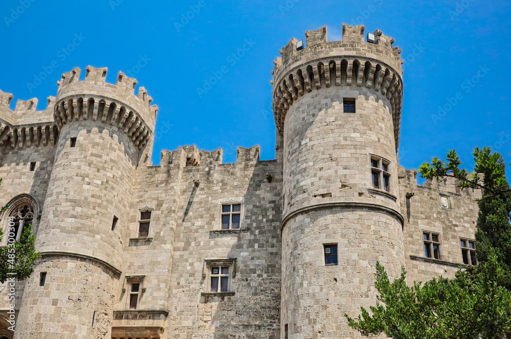 Palace of the Grand Master of the Knights of Rhodes with Blue Sky during Summer Day. Beautiful Medieval Castle in Greece.