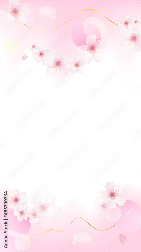 桜の散りばめられたピンクのパステル背景、テキストスペース有り
