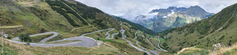 panoramic view Winding road of the port of Luz-Ardiden. France, Luz-Saint-Sauveur, French Pyrenees