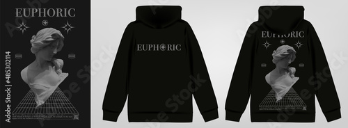 Modern poster with text "Euphoric" Statue of a girl. In Techno style, stylish print for streetwear, print for t-shirts and hoodies, isolated on black background