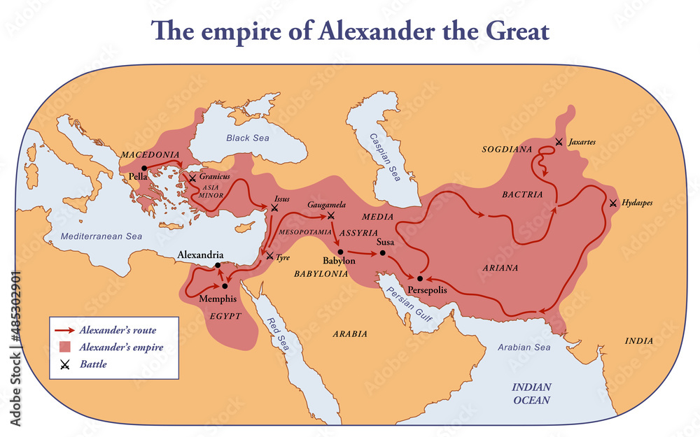 The empire route and battles of Alexander the great from Greece to