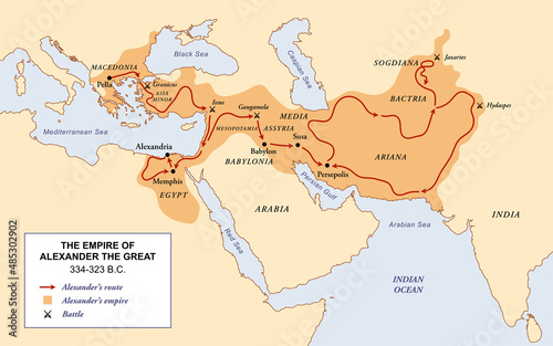The empire, route and battles of Alexander the great from Greece to India photo