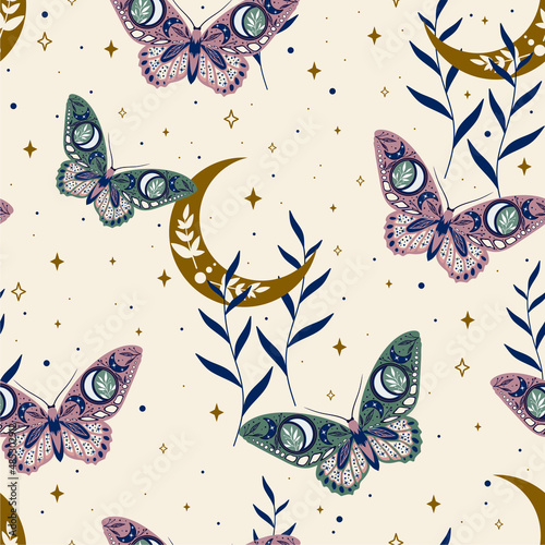 Elegant celestial seamless pattern with herbs. Boho magic background with purple space elements stars, butterflies. Vector doodle texture.