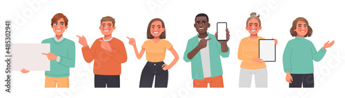 Set of happy people pointing to the side, phone and tablet, blank banner. Character for the presentation of goods or services